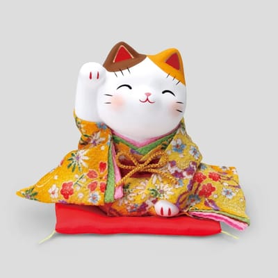 薬師窯 錦彩縮緬招財貓 (舉右手・大)